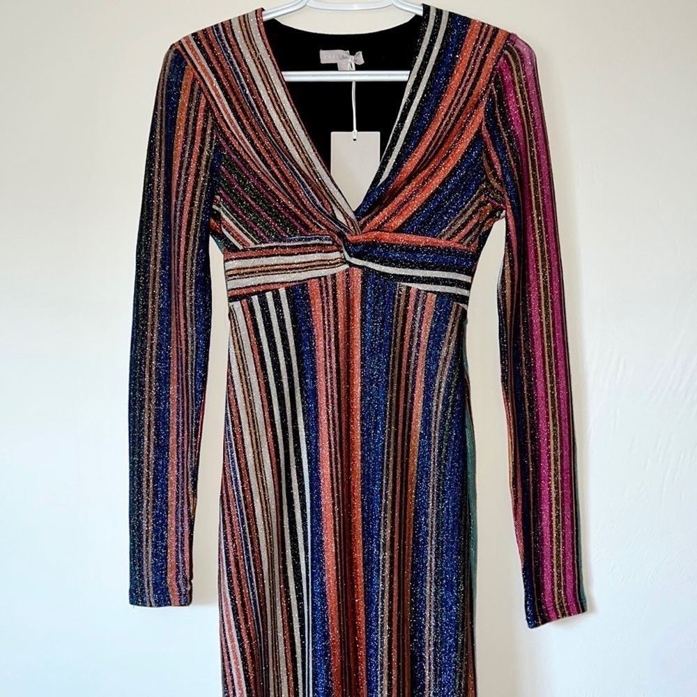 CHELSEA 28 TWIST FRONT SPARKLE STRIPE MIDI DRESS